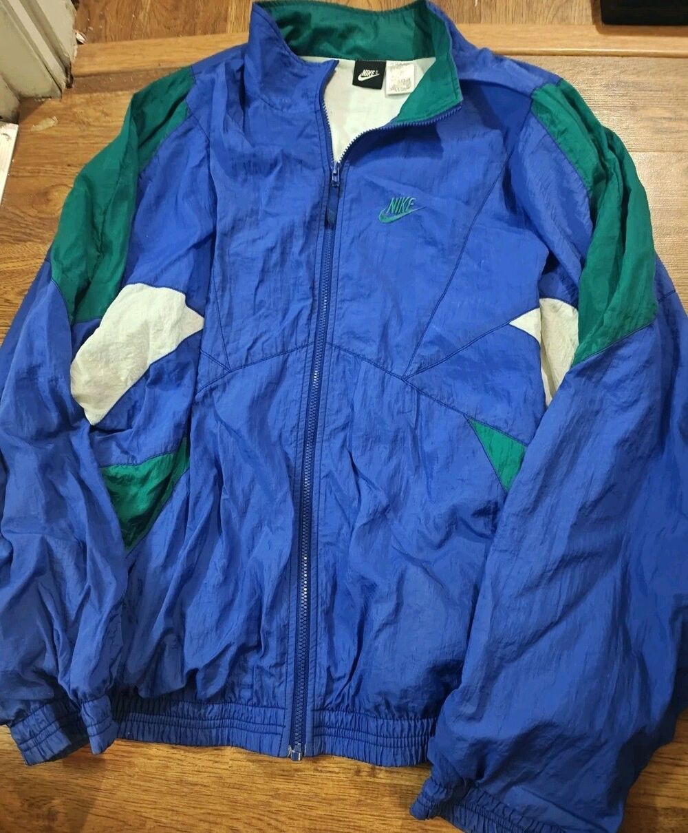 VTG 90s Nike Windbreaker Track Jacket Blue Green White Mens XL Nylon Full Zip